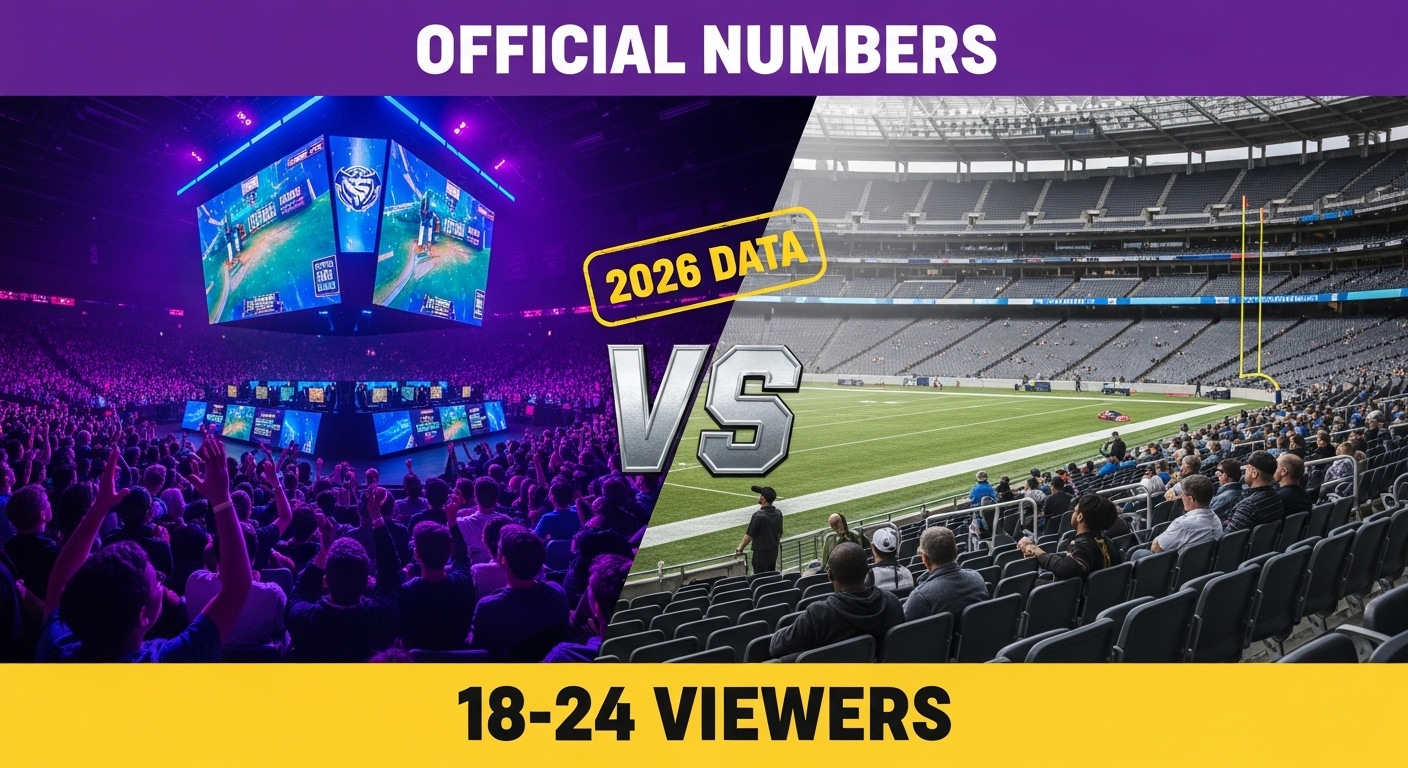 Esports arena crowd vs NFL stadium crowd comparison showing demographic shift to young viewers